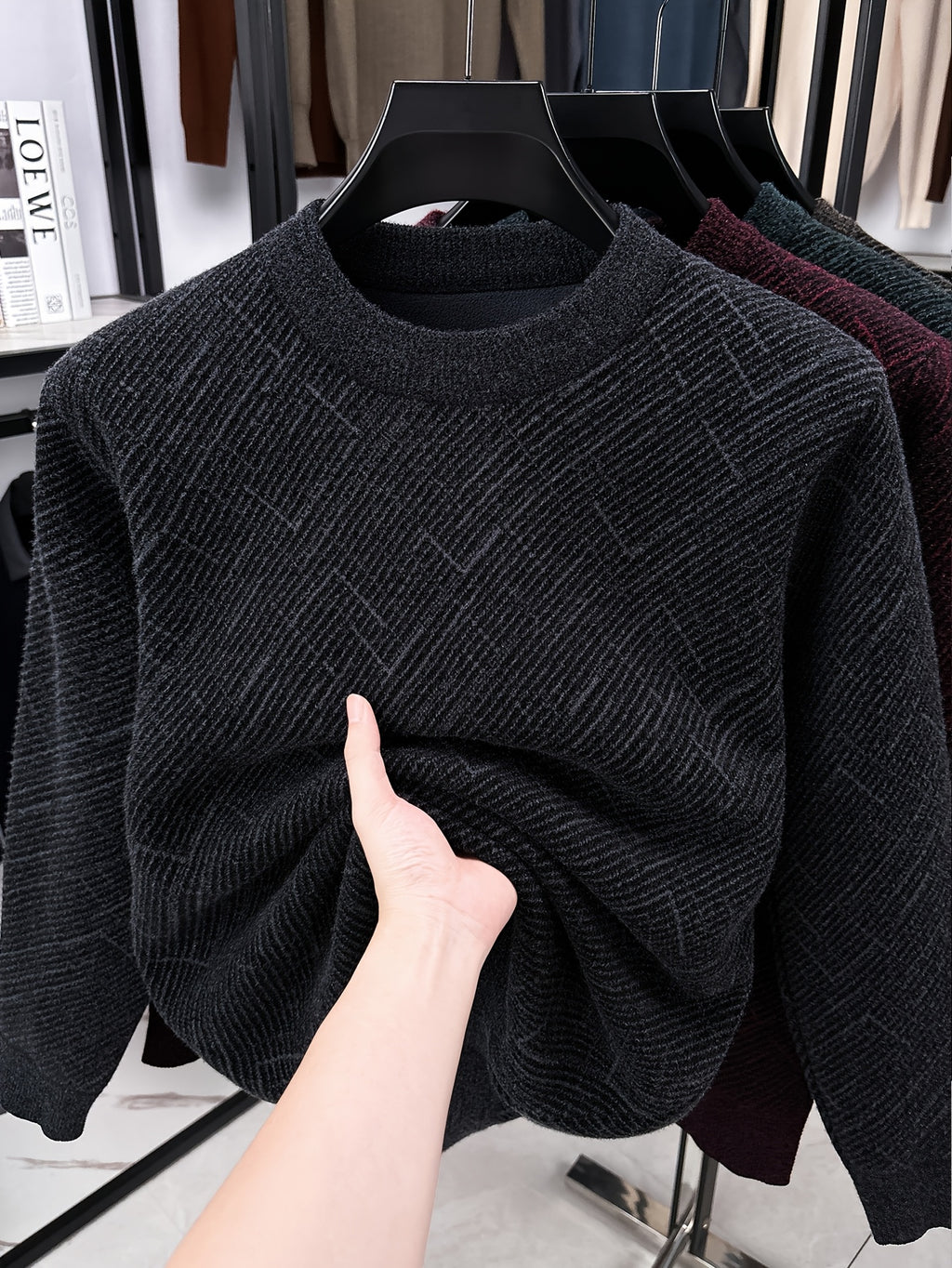 Men'S Semi-High Neck Sweater Autumn Winter Fleece Thick Warm Knitwear Middle-Aged Jacquard Pullover Base Layer - Gray Black