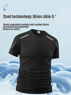 Men's Solid Color Henry Shirt, Breathable Basic T-shirt, Regular Button up Henry Collar Top, Retro Style Pullover, a Great Gift for Daily Commuting Wear. - Black