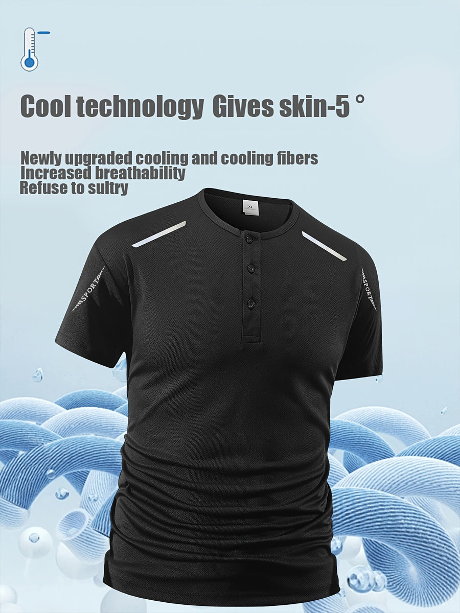Men's Solid Color Henry Shirt, Breathable Basic T-shirt, Regular Button up Henry Collar Top, Retro Style Pullover, a Great Gift for Daily Commuting Wear. - Black