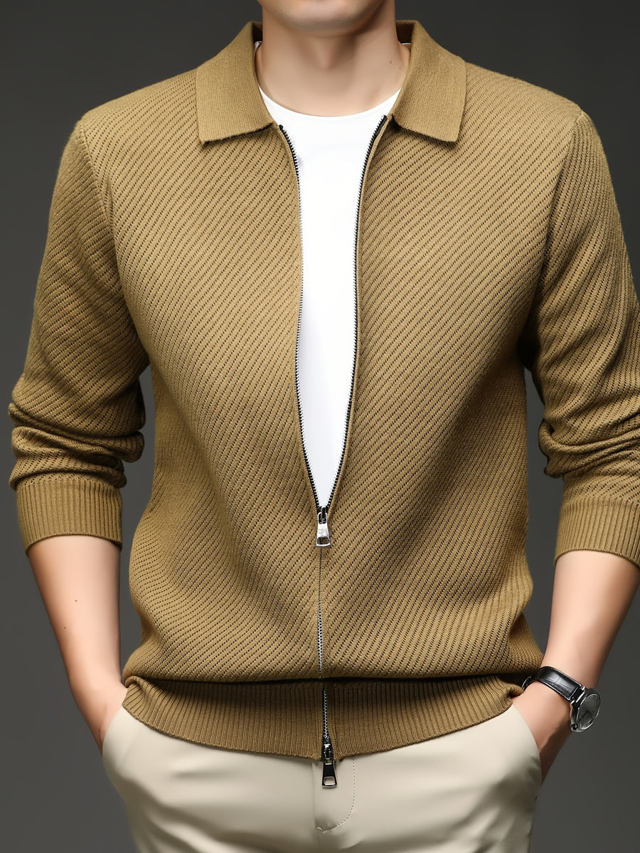Xingfan Autumn/Winter Men's Long-Sleeve Open-Front Cardigan Lapel Business Casual Solid Color Chunky Knit Full-Zip Thickened Outerwear Jacket - Khaki