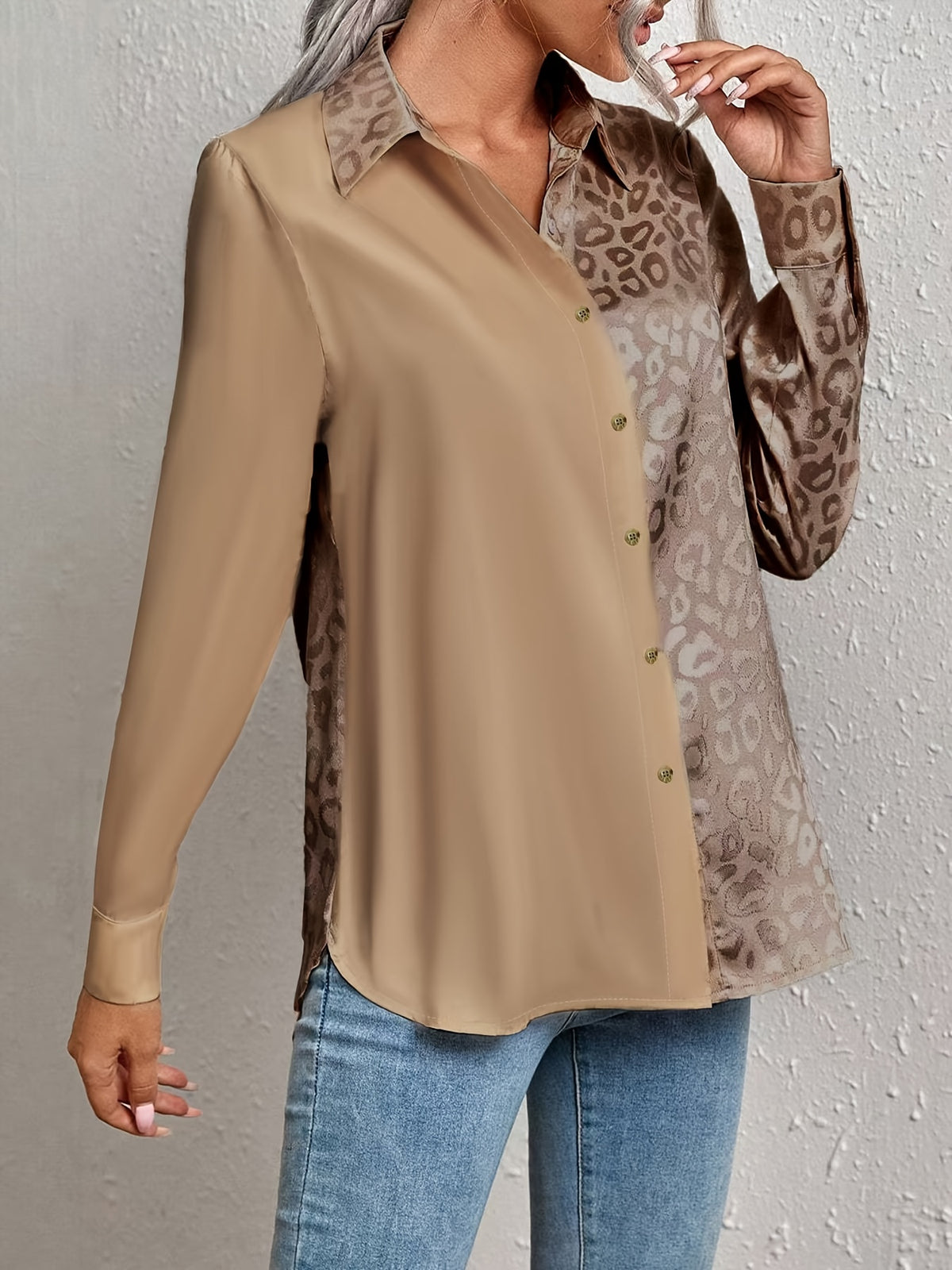 Leopard-Print Jacquard Two-Tone Patchwork Satin Buttoned Long-Sleeve Collared Shirt - Dark Brown