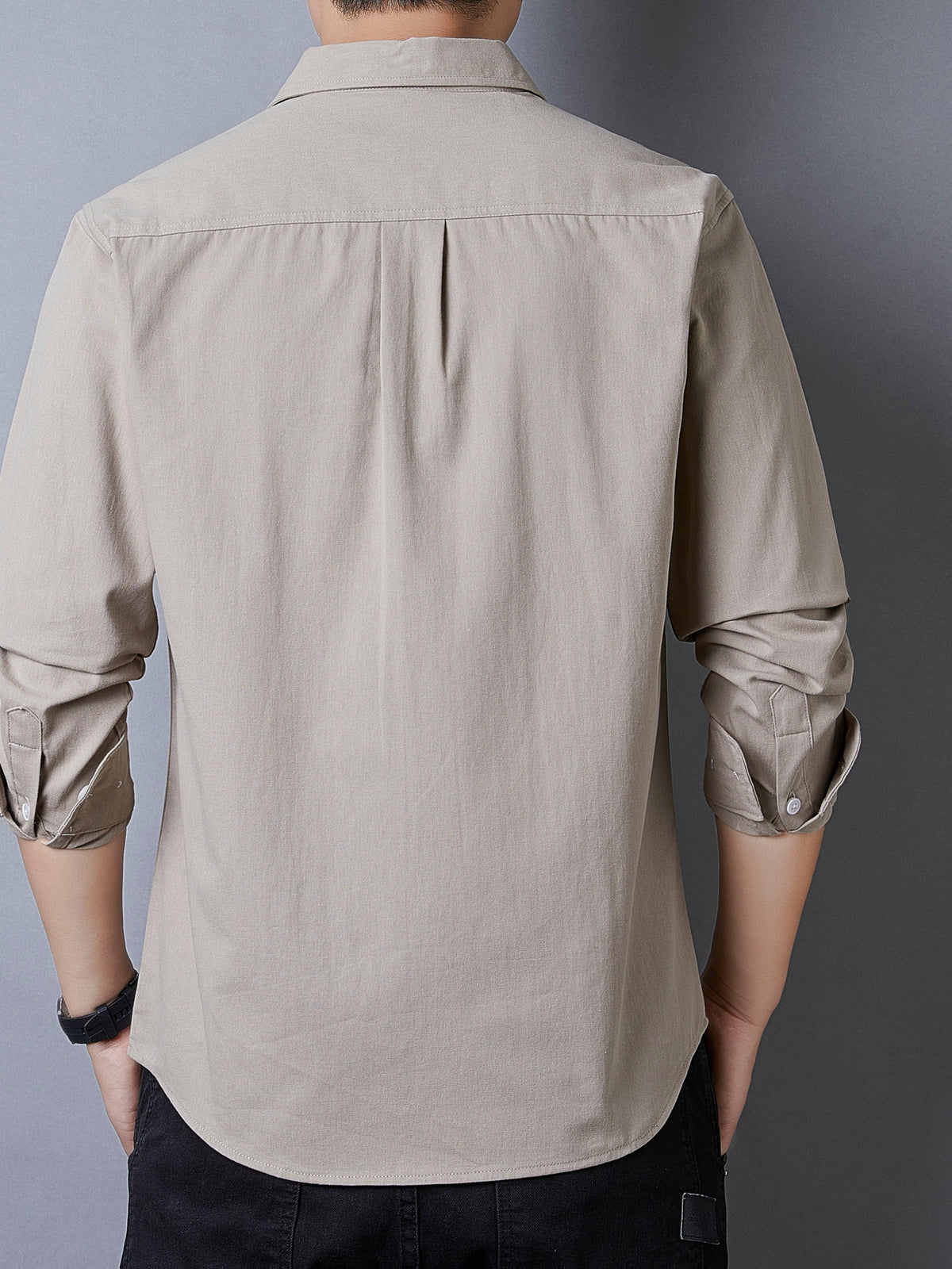 Men's Casual Pure Cotton Long-Sleeve Shirt for Spring and Autumn, Solid Color Simple Lapel Single-Pocket Shirt for Daily Commuting, Work, and Dating, Men's Top - Linen