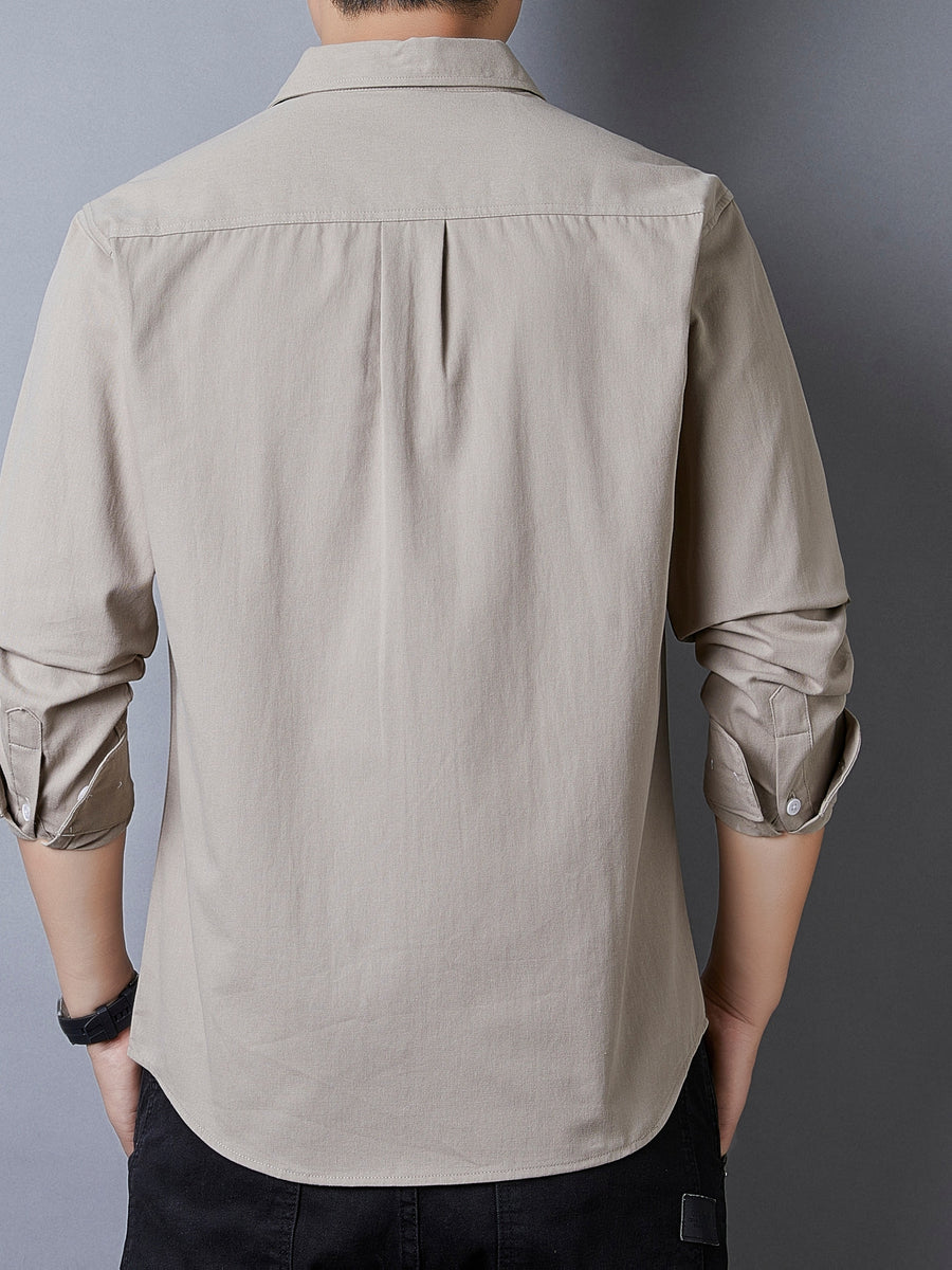 Men's Casual Pure Cotton Long-Sleeve Shirt for Spring and Autumn, Solid Color Simple Lapel Single-Pocket Shirt for Daily Commuting, Work, and Dating, Men's Top - Linen