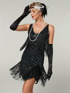 1920S Vintage Sequin Cape Gatsby Flapper Dress Tassel Evening Party Dress for Women Sequined Dress with Beads Toast Small Formal Dress - Black
