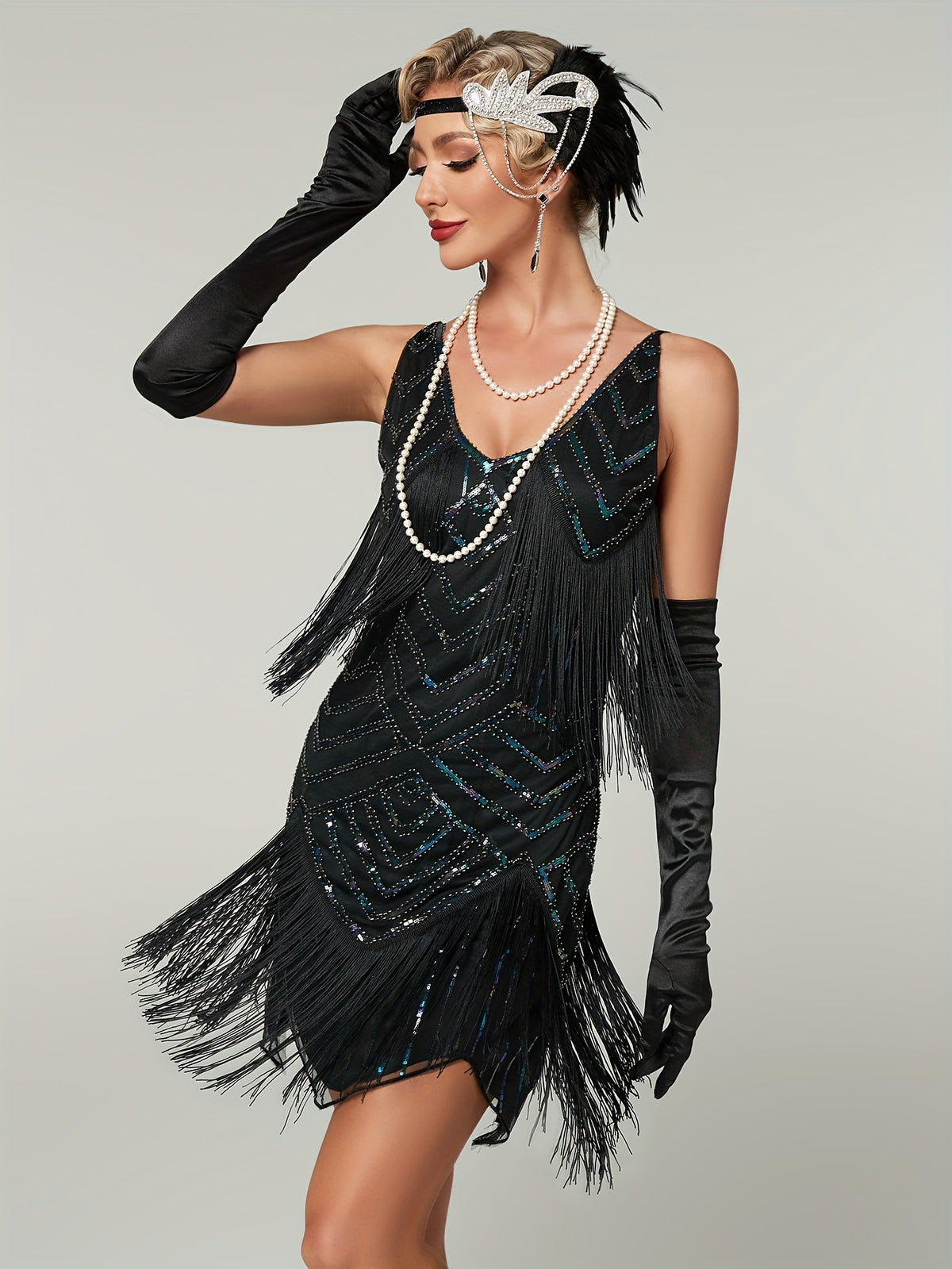 1920S Vintage Sequin Cape Gatsby Flapper Dress Tassel Evening Party Dress for Women Sequined Dress with Beads Toast Small Formal Dress - Black