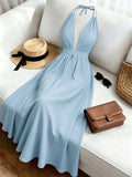 Women'S Solid Color Backless Cami V-Neck Vacation Beach Cross-Strap Backless Maxi Dress Vacation Beachwear Bridesmaid Dress - Blue
