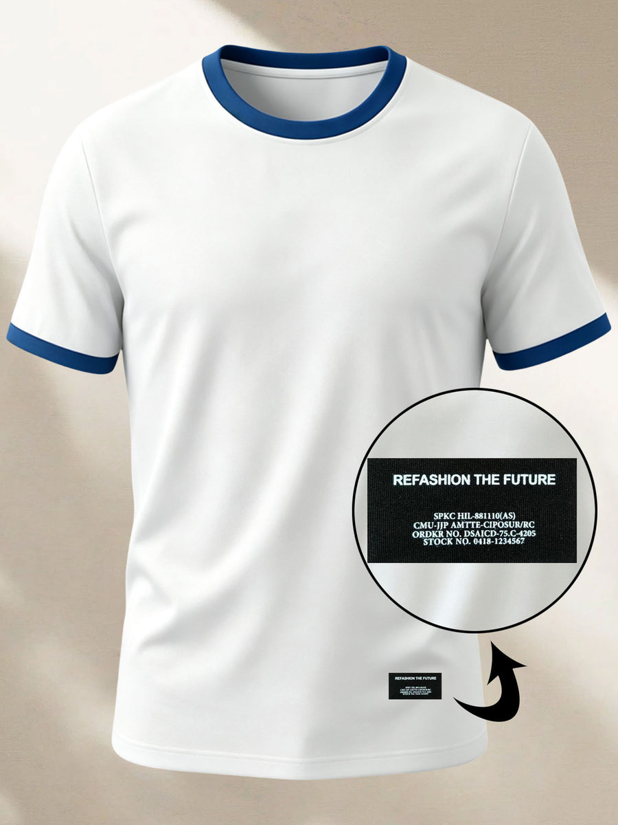 100% Cotton Men's Knitted Color-Block Crew Neck Patched T-Shirt, Summer All-Season Base Layer, Factory-Made for Men, Comfortable, High Quality, High Fit Rate, Casual Sportswear with Contrast Hem and Patch Appliqué - White with Blue ZZ019