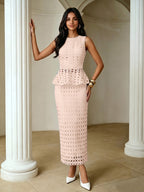 French Hollow-Out Lace Spliced Camisole Top And Straight Midi Skirt 2pcs Set, Elegant Women'S Wear for Daily Commute And Dating - Light Pink Color