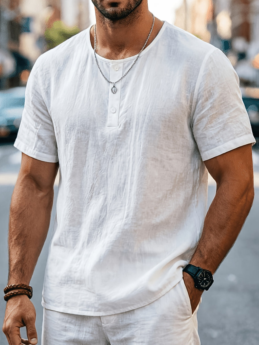 Men'S Summer -Linen Half-Zip Short Sleeve T-Shirt - Breathable Crew Neck Casual Top - White