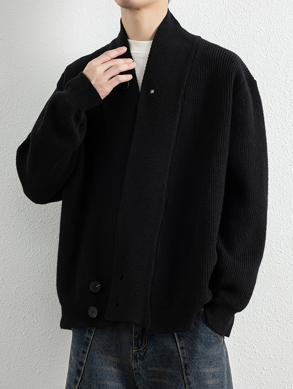 1pc Men'S Pit-Stripe Knit Cardigan, Irregular Diagonal Button V-Neck Design Loose Casual Fall Winter Off-Shoulder Fit Daily Commute Outerwear Sweater Jacket - Black