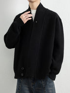 1pc Men'S Pit-Stripe Knit Cardigan, Irregular Diagonal Button V-Neck Design Loose Casual Fall Winter Off-Shoulder Fit Daily Commute Outerwear Sweater Jacket - Black