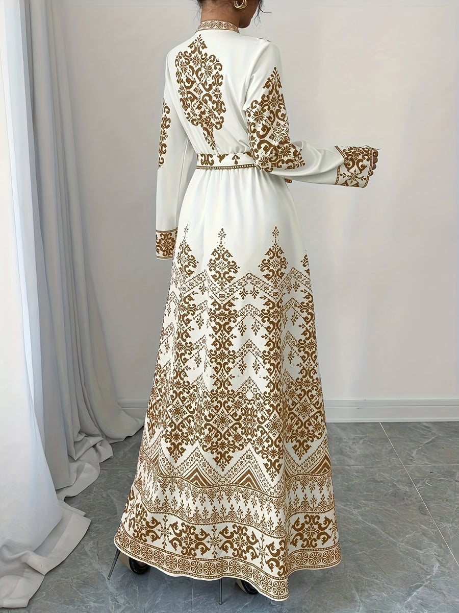 Retro Ethnic Style Long-Sleeve Printed Dress with Ties, Featuring an Elegant Long Design - Khaki