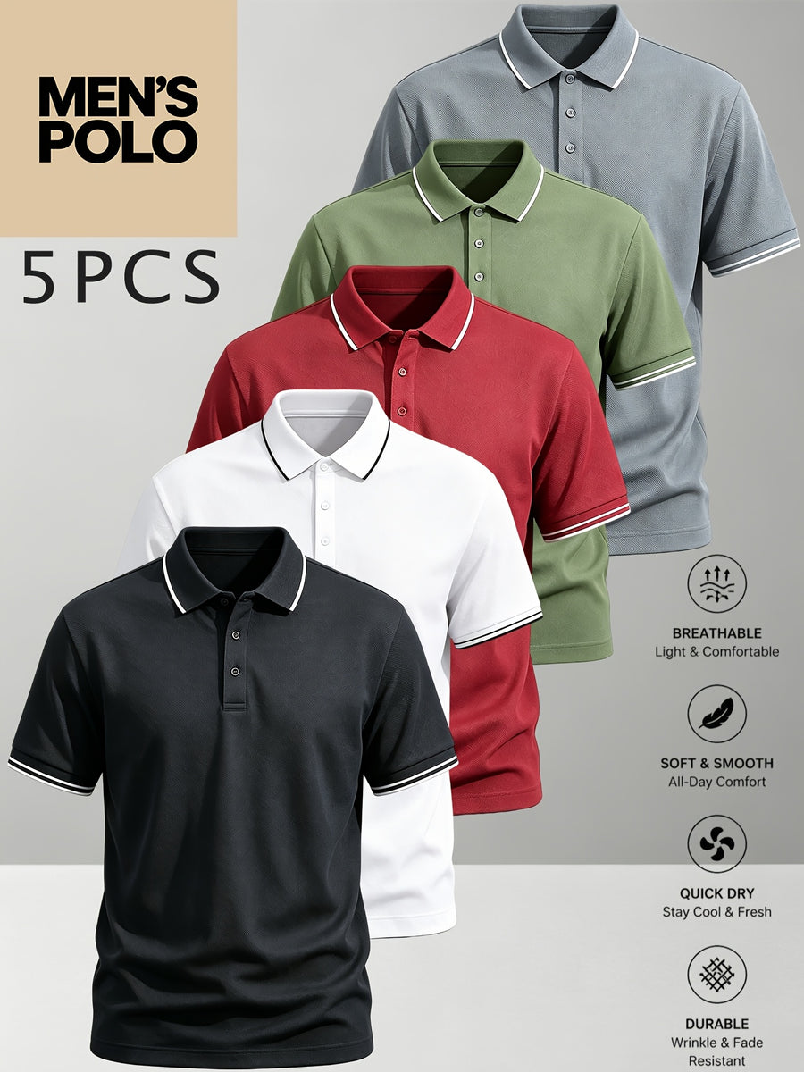 5pcs Set of Men'S Classic Short-Sleeve POLO Shirts, Breathable And Wrinkle-Resistant Casual Golf Tops, Multiple Color Combinations, Easy And Elegant, XS-XXL Plus Size Men'S Clothing, Quality Guaranteed, Meeting Daily Needs - Black+White+Red+Green+Gray
