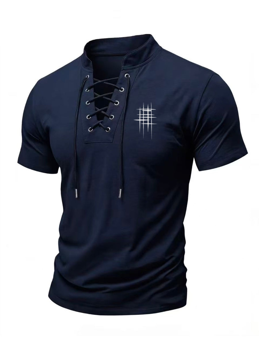 Men's Henry Neck Cross-Strap Short Sleeve T-Shirt with Mesh Line Print, Soft and Comfortable Fabric, American Trendy Design, Suitable for Dating, Commuting, and Casual Occasions, Creating a Clean, Casual, and Refreshing Look - Navy Color