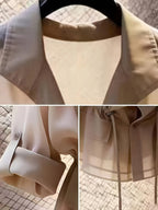 Drawstring Waist Chiffon Shirt, Lapel Collar with Cargo Pockets - Khaki