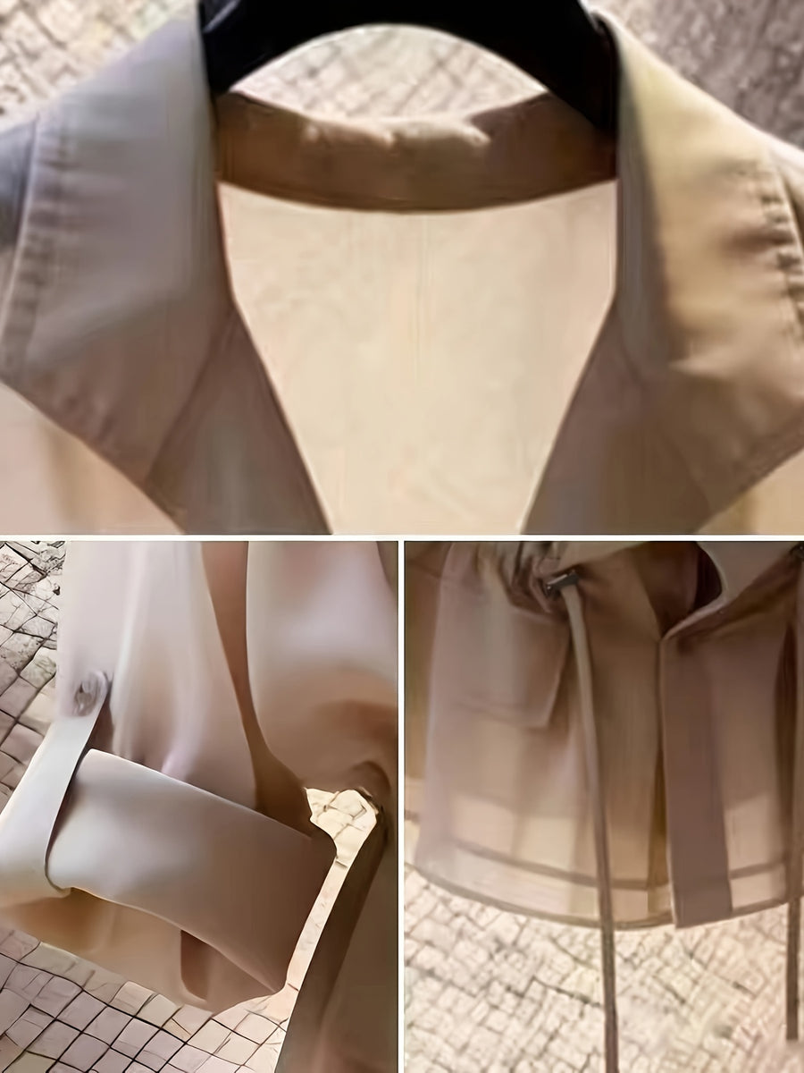 Drawstring Waist Chiffon Shirt, Lapel Collar with Cargo Pockets - Khaki