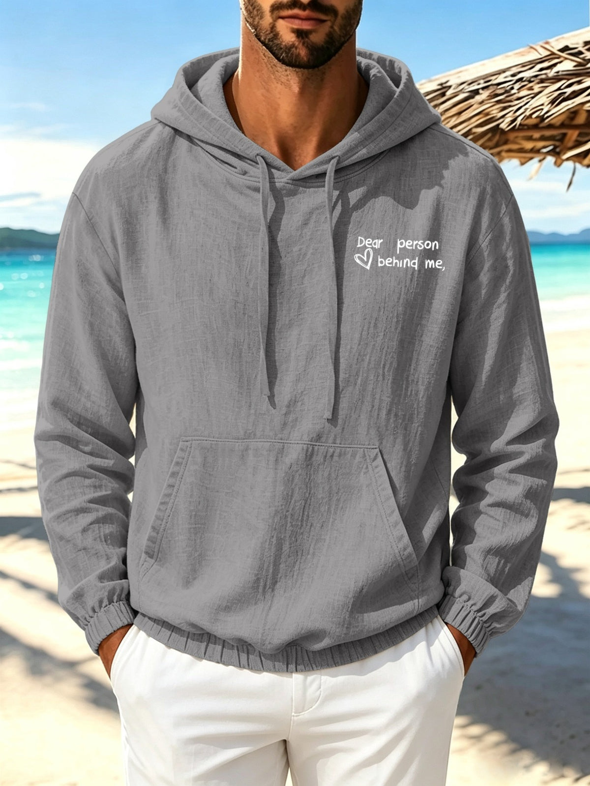 Men'S Autumn New Linen Print Hooded Drawstring Thin Loose Pocket Sweatshirt Comfortable Daily Commute Sports Fitness Casual Vacation Street Trendy Classic Style Literary Long Sleeve Hooded Top - Grey