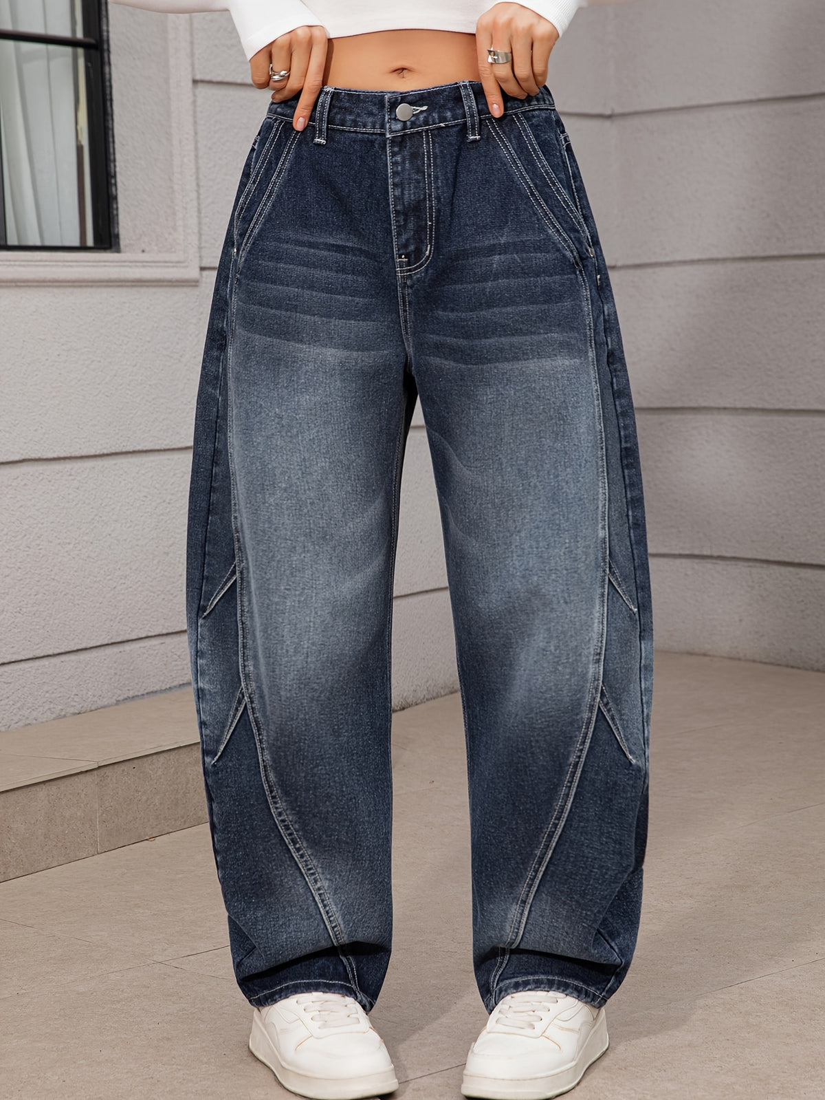 Women'S Fashion Trendy Non-Stretch Semi-Elastic Denim Loose Cuffed Long Pants, Women'S Easy Cuffed Dark Blue Long Trousers - Deep Blue