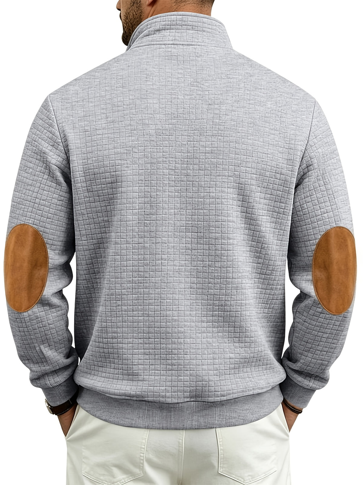 Men's Waffle Knit Casual Loose-Fit Long Sleeve Color-Block Stand Collar Half-Zip Autumn/Winter Sweatshirt - Light Grey