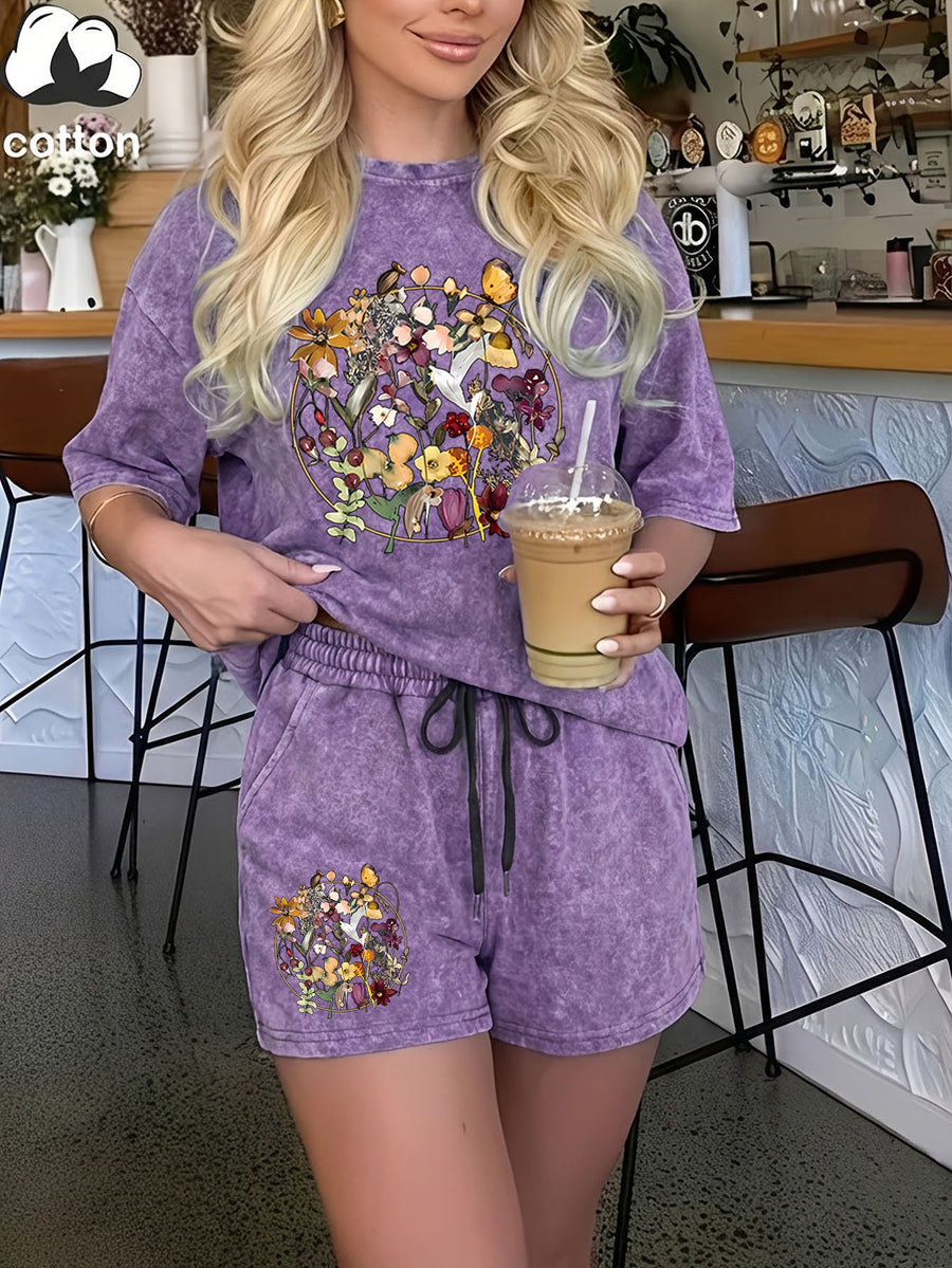 Summer Trendy Fashion Distressed Wash Short Sleeve Shorts Drawstring Women'S Set, Round Floral Bouquet Print, Vintage Dried Flower Style, Mori Literary Style, French Pastoral Style, Comfortable for Hot Weather, Classic Silhouette, Comfortable Fit - Dark Violet