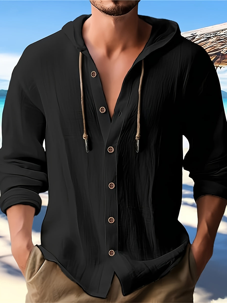Men'S Spring And Autumn Fashion Versatile Casual Long-Sleeved Shirt, Light, Comfortable And Breathable Linen And Solid Color Shirt, New Season - Black
