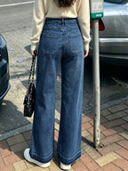 New Arrival Women's Trendy Washed Denim Straight Wide Leg Trousers - Medium Blue