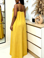 New Outing Party French Heavy Embroidery 3D Floral Sleeveless Cami Dress Loose Long Backless Vacation Light Dress - Yellow
