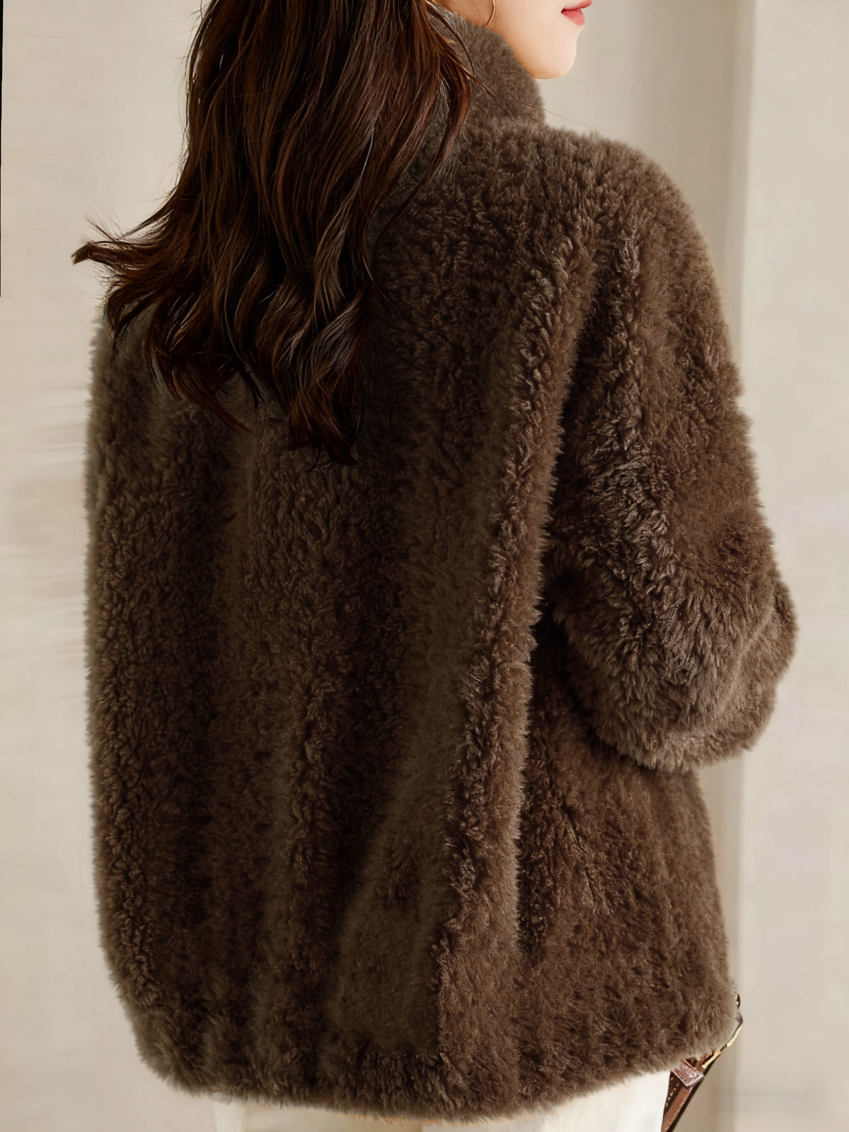 Solid Color Zipper Plush Jacket - Dark Brown