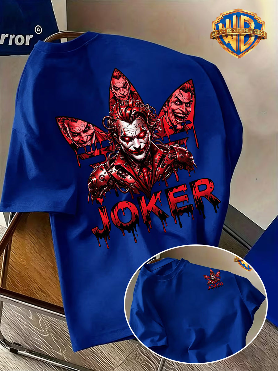 Warner Bros. Official Back-to-School Season Pure Cotton Men's Short-Sleeve T-Shirt, Mechanical Style Red Series with Joker Head Portrait and "JOKER" Enamel-Drop Lettering Creative Graphic Print, Men's Casual Trendy Summer Top, Multiple Sizes - Royal Blue