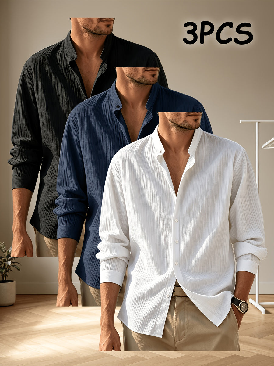Zhiyu OBM Men's 3pcs Long Sleeve Shirt Set, Stand Collar, Draping Fabric, Multi-Color, Commuting and Casual Long Sleeve Shirt - Black+Navy+White