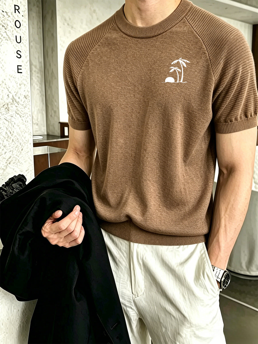 Men's Raglan Short Sleeve Knit Sweater with Coconut Tree and Sunset Small Embroidery, Crew Neck Casual Pullover Top - 【Brown】