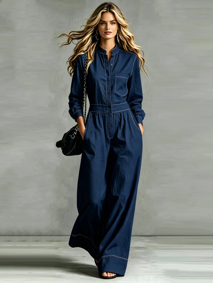 2026 Stand-Up Collar Waist-Cinching Jumpsuit Women'S Contrast Stitching Wide-Leg Cargo Casual Long Trousers - Blue