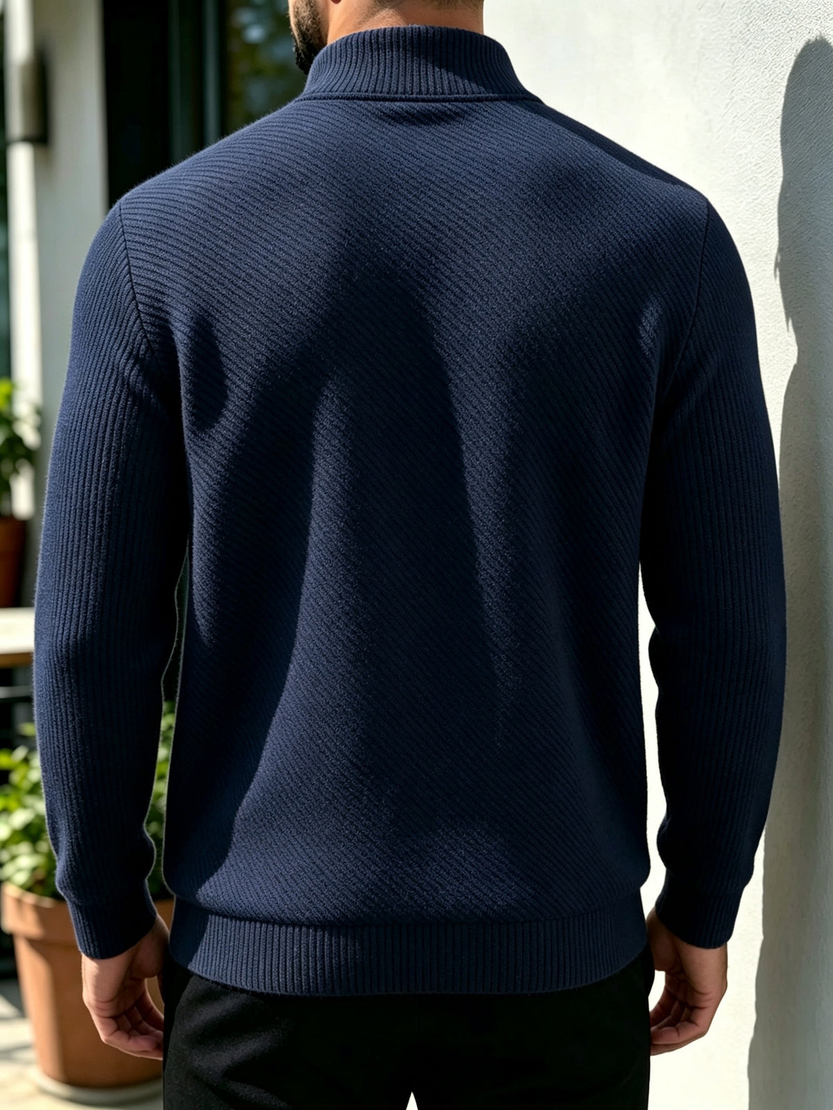 [Saa Xing OBM] Men'S Fashionable All-Match Top, Checkered Texture Half-Zip Stand Collar Long Sleeve Shirt, Casual Pullover Sweatshirt Knitwear, Knit Solid Color Long Sleeve Daily Casual, Sports Fitness Fashion All-Match - Navy Color