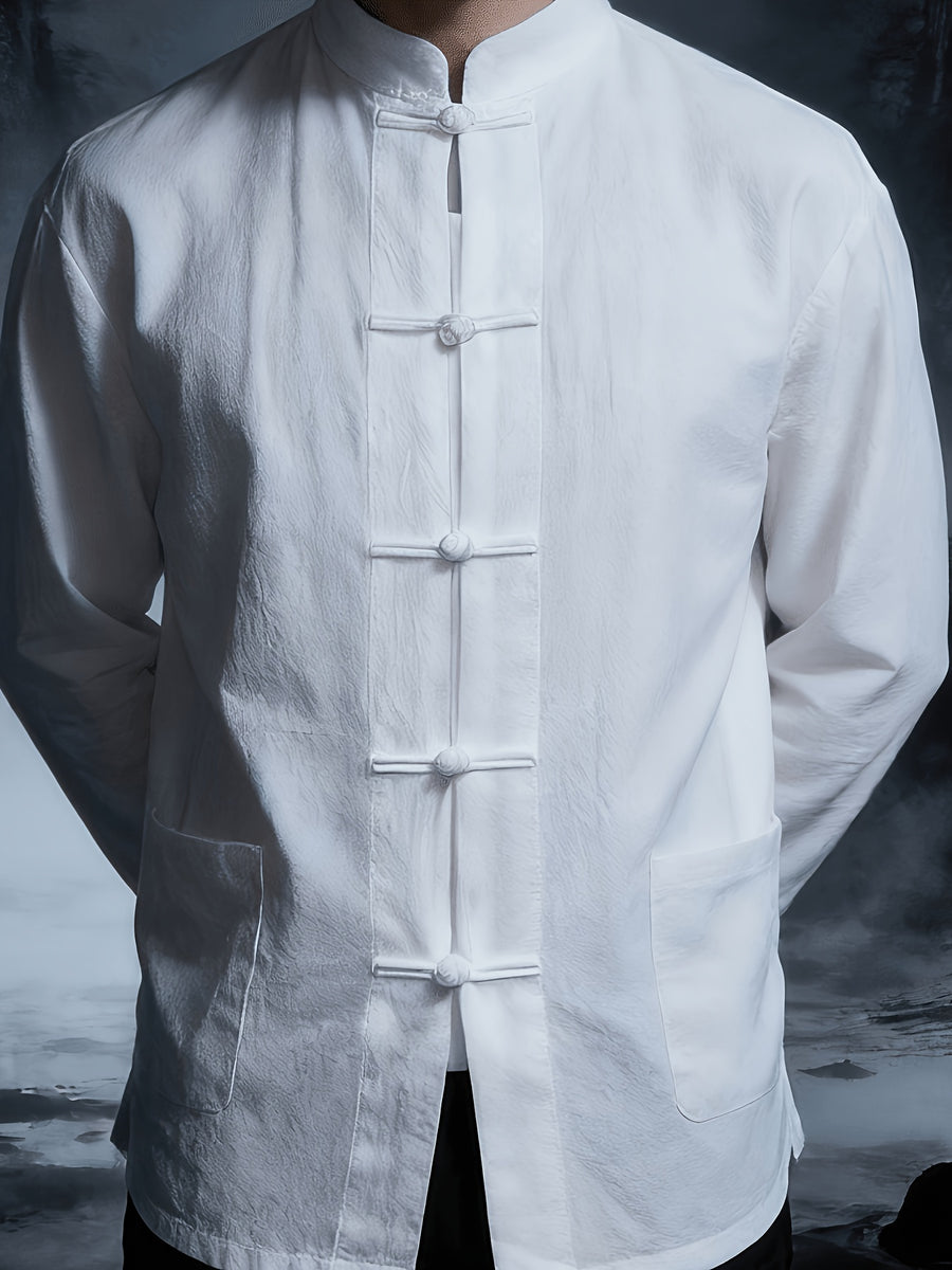New Chinese Style Men'S Long Sleeve Shirt - And Linen Ethnic Characteristic Practice Clothes - Zen Retro Tang Style Thin Jacket (Solely Includes One Jacket) - White