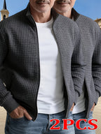Spring/Autumn New Men's Solid Color Lapel Waffle Knit Long Sleeve Zipper Jacket, 2pcs Practical Outerwear for Outdoor Sports, Comfortable and Breathable Men's Jacket - Gray + Gray
