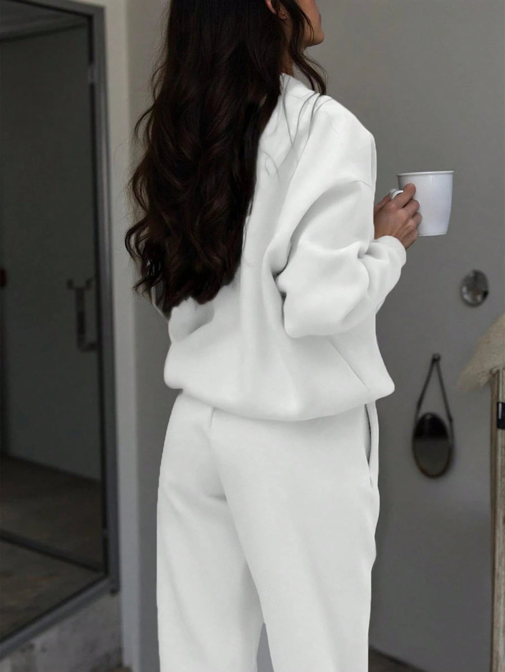 Women'S Fall Winter Solid Color Zip Up Long Sleeve Sweatshirt - White