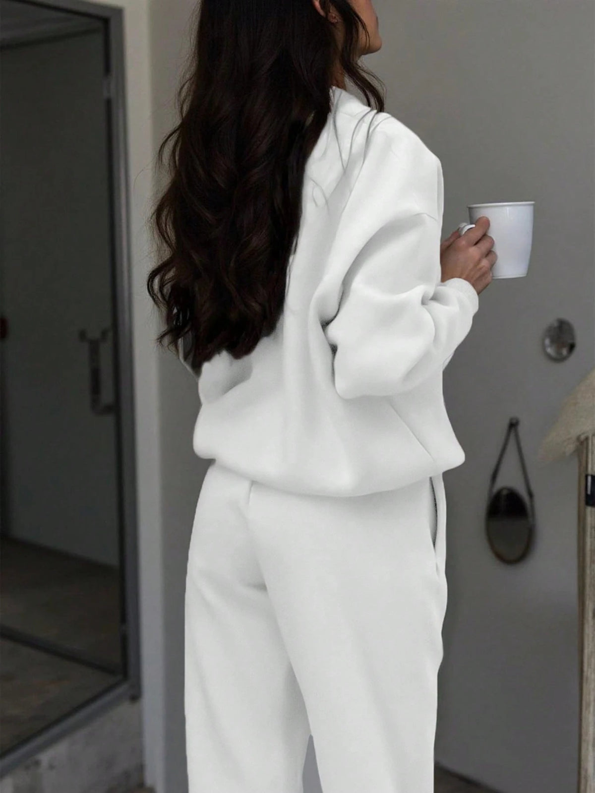 Women'S Fall Winter Solid Color Zip Up Long Sleeve Sweatshirt - White