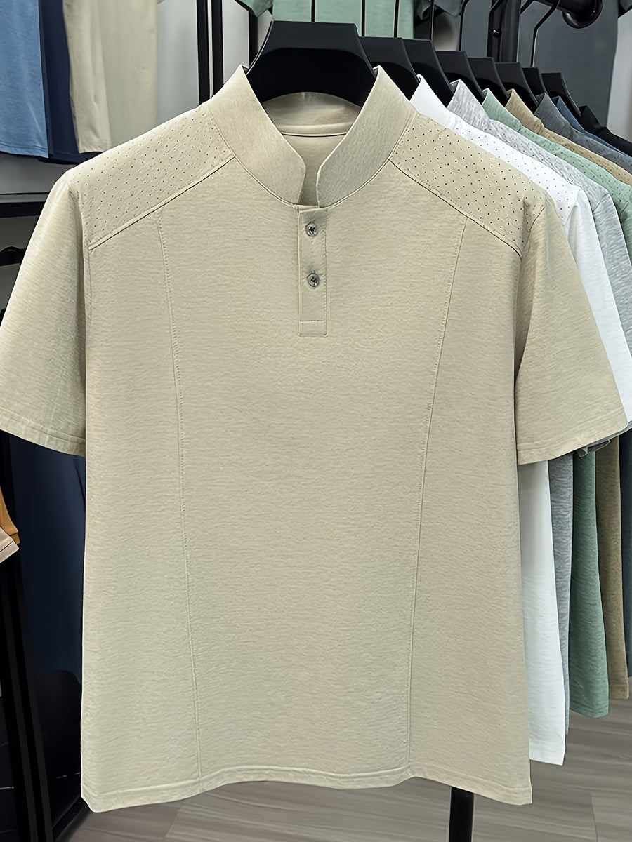 Men's Summer Short-Sleeve Stand Collar T-Shirt - Breathable Small Base Layer Shirt, Solid Color Business Casual Top Suitable for Daily Work Wear, Machine Washable & Dry Cleanable, Asymmetrical Hem - Beige
