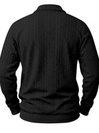 1pc Autumn Men'S Long Sleeve Plaid POLO Shirt Solid Stripe Retro Style Outdoor Sports Casual Pullover Top - Black