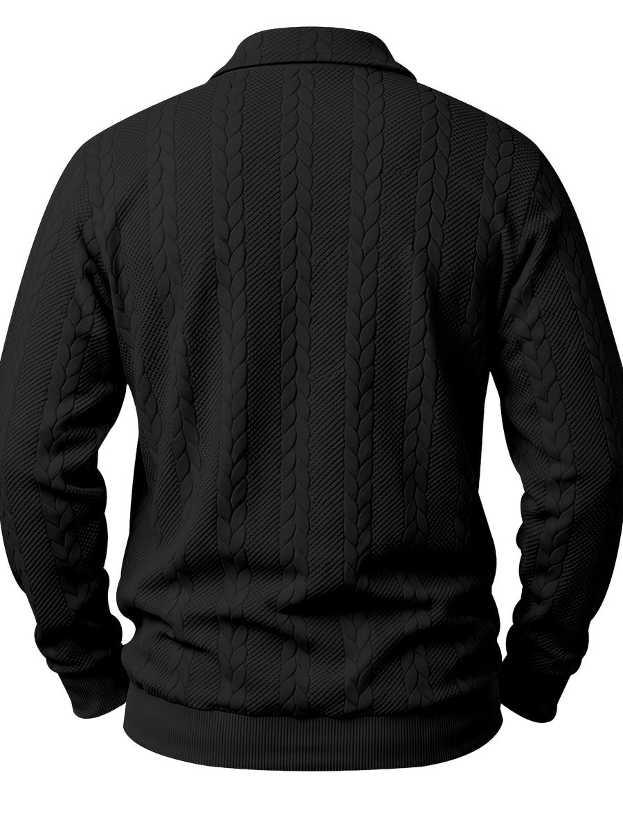 1pc Autumn Men'S Long Sleeve Plaid POLO Shirt Solid Stripe Retro Style Outdoor Sports Casual Pullover Top - Black