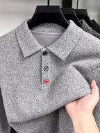 Men's Multi-Color Floral Yarn Lapel Polo Knit Shirt for Autumn, Long Sleeve Thick Pullover Top with Textured Finish, Suitable for Business Commuting, Business Trips & Parties, Daily Home Wear, and Casual Layering - Tingyan Light Gray