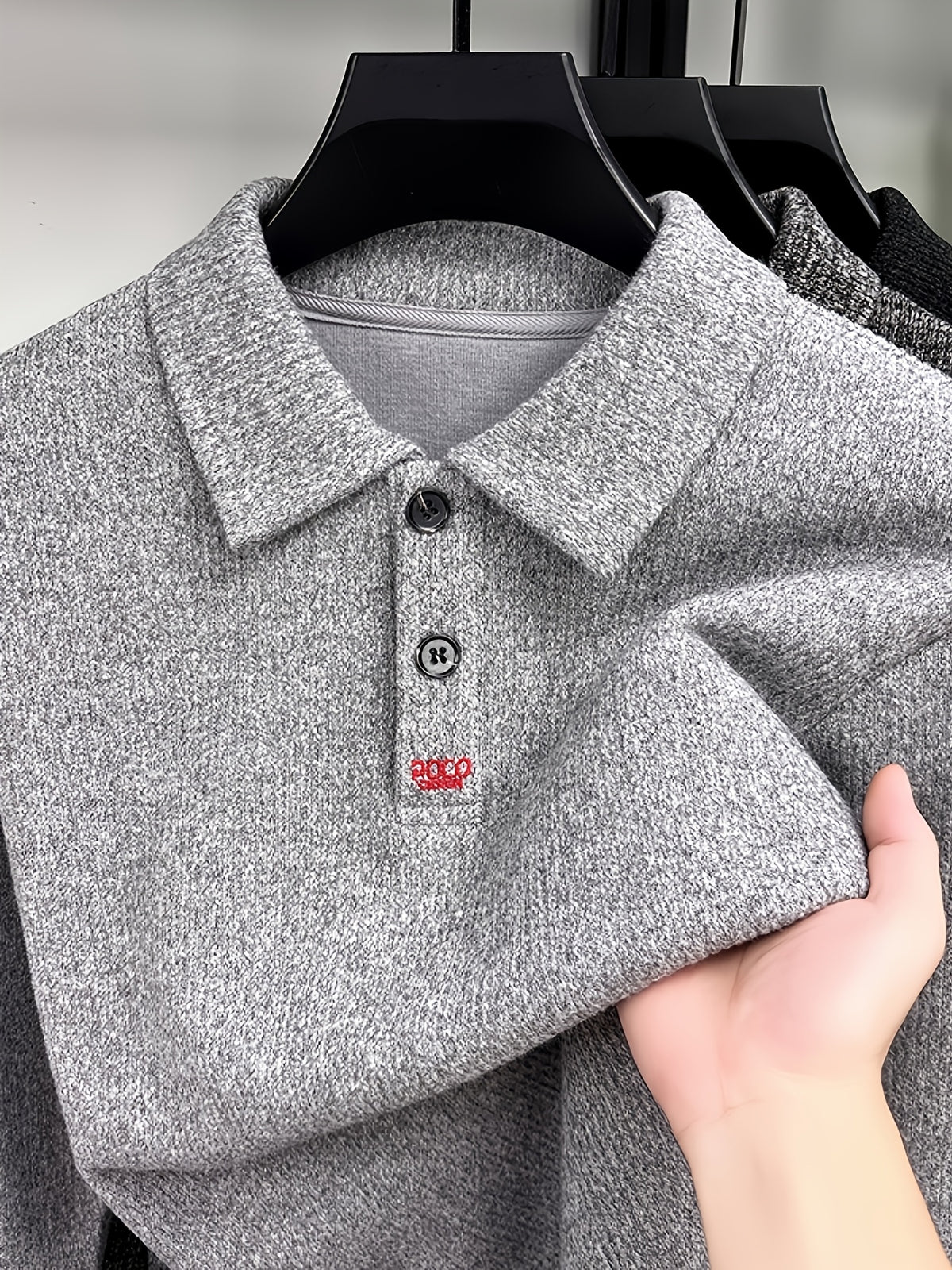 Men's Multi-Color Floral Yarn Lapel Polo Knit Shirt for Autumn, Long Sleeve Thick Pullover Top with Textured Finish, Suitable for Business Commuting, Business Trips & Parties, Daily Home Wear, and Casual Layering - Tingyan Light Gray