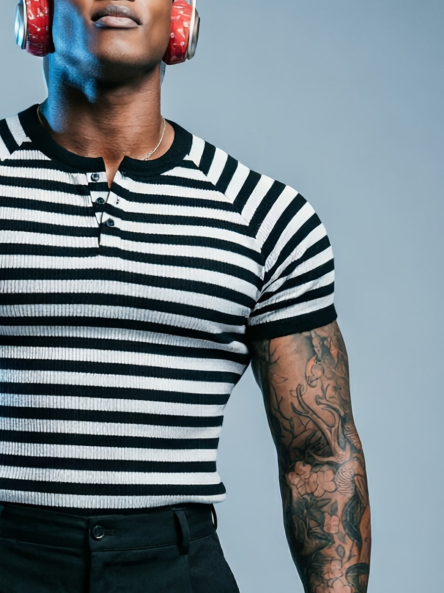 Spring/Summer Men's Striped Henley Shirt, Ribbed Slim-Fit Short Sleeve, Fitness Shaping Handsome Top - Mixed colors