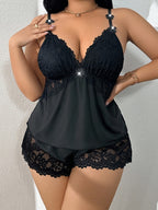 Plus-Size Two-Piece Lace Camille Pajama Set, Sexy Shorts, Casual Floral Pajamas, Fitted Regular Length, Suitable for All Seasons - Black