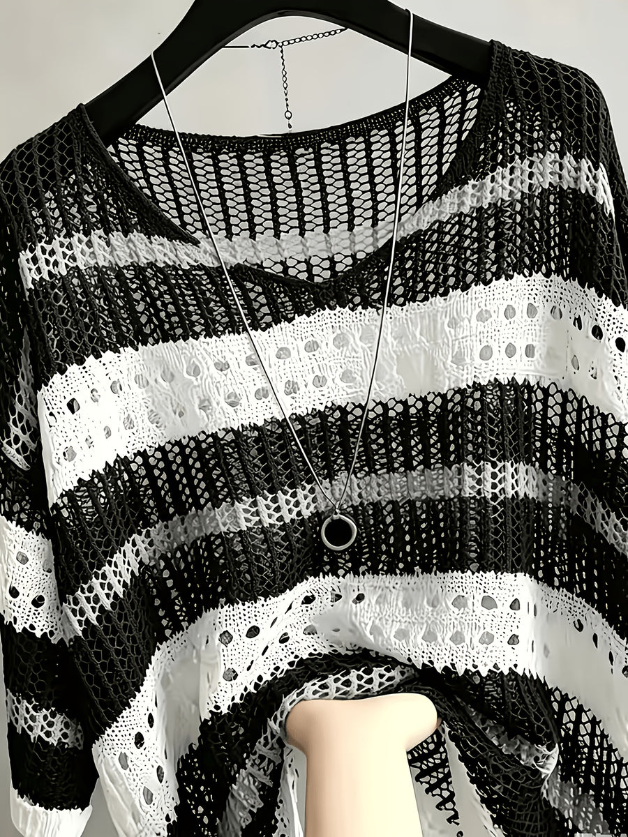Summer Elegant Loose Hollow-Out Beach Half-Sleeve Cover-Up - Black