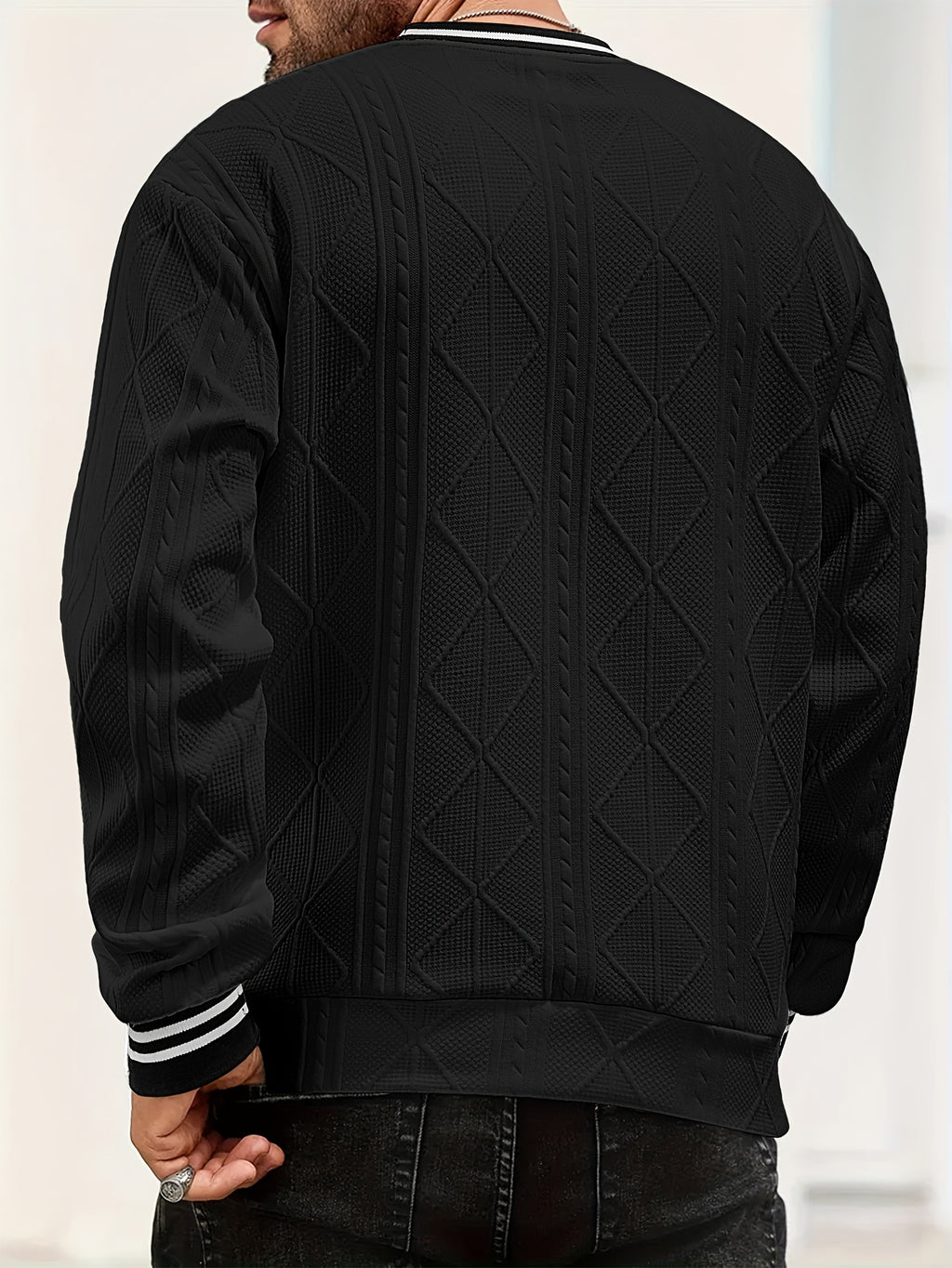 New Men's Casual Fashionable Sporty Cool Versatile Trendy Stylish 3D Jacquard Fabric High Street Popular Knitted Flatbed Collar Crew Neck Sweatshirt - Black