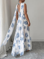 Women'S Spring Summer Solid Color Minimalist Sleeveless Long Dress, Elegant And Bold Floral Print Dress, Suitable for Casual Wear And Commuting - Light Blue