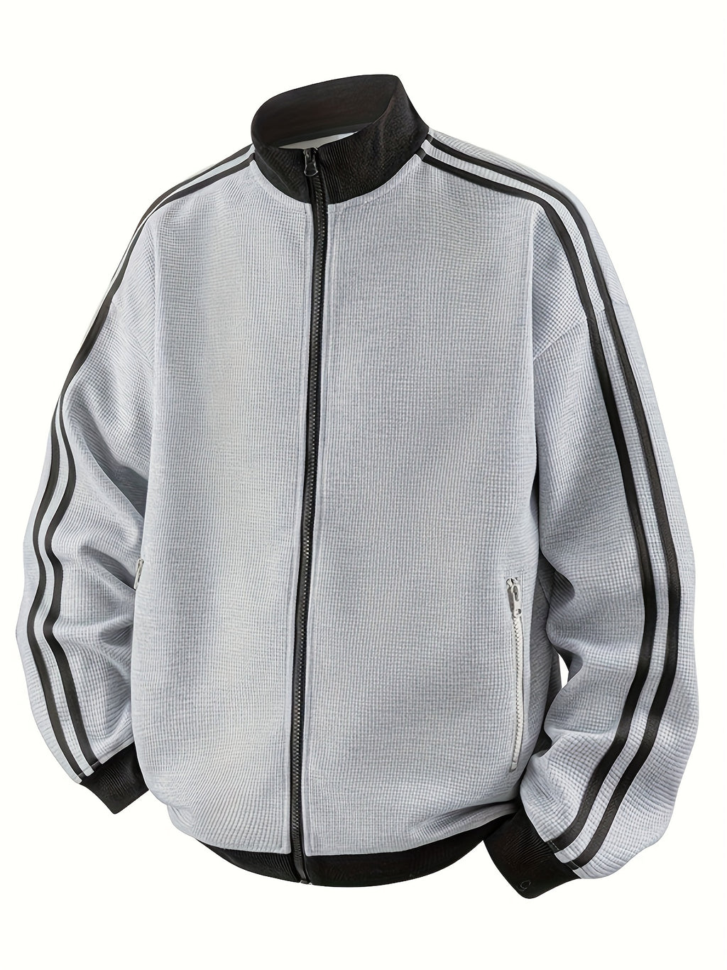 Men'S American Vintage Cardigan Sweatshirt, New Striped Stand-Up Collar, College Style Sports Casual Jacket for Spring And Autumn - Light Hemp Grey