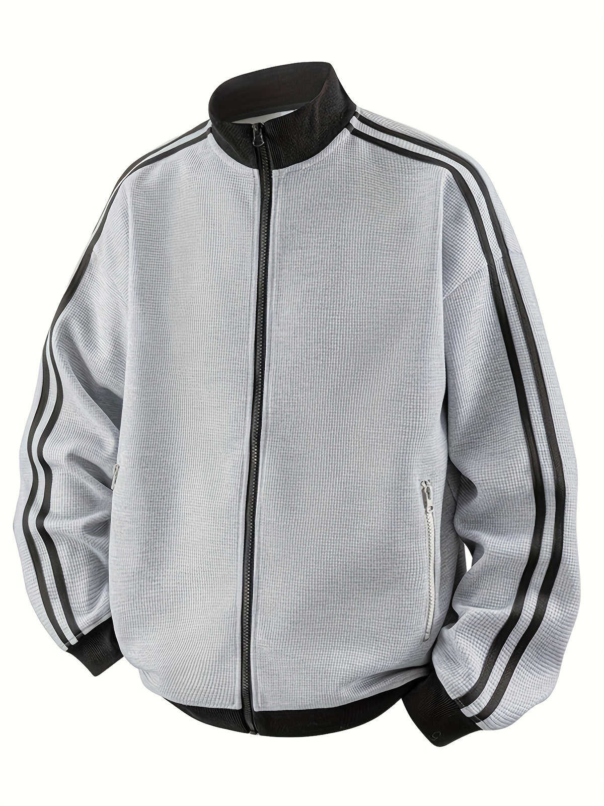 Men'S American Vintage Cardigan Sweatshirt, New Striped Stand-Up Collar, College Style Sports Casual Jacket for Spring And Autumn - Light Hemp Grey