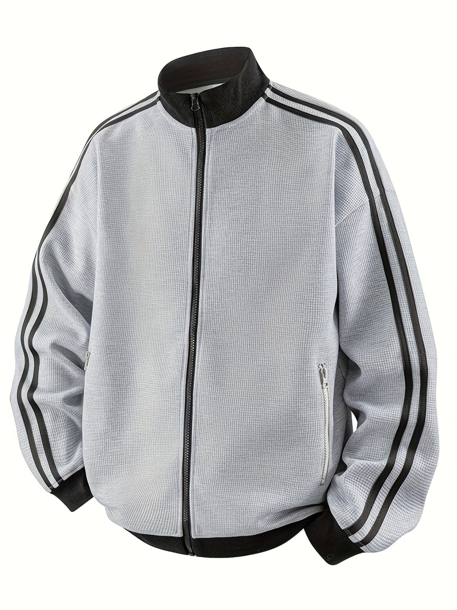 Men'S American Vintage Cardigan Sweatshirt, New Striped Stand-Up Collar, College Style Sports Casual Jacket for Spring And Autumn - Light Hemp Grey